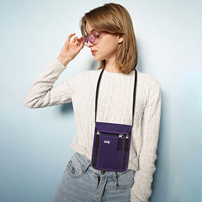 Travel Pouch Neck Wallet Family Passport Holder Organizer Case with RFID Blocking - color: Purple