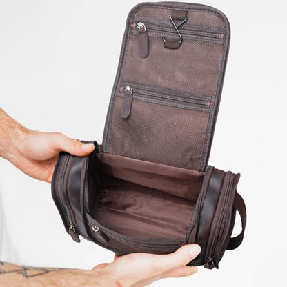 Polare Full Grain Leather Toiletry Bag Travel Dopp Kit Makeup Cosmetic Organizer Shaving Kit Wash Case with Hanging Hook - color: A-Dark Brown