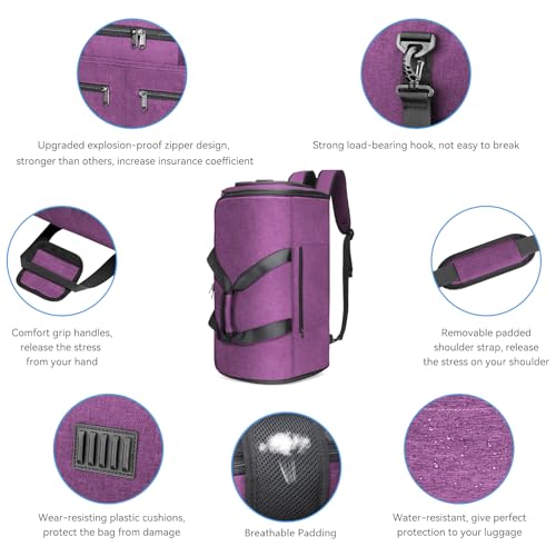 Bukere Carry on Garment Duffle Bag for Travel, Convertible Suit Bag with Backpack Shoulder Straps, Shoe Compartment, Waterproof 3 in 1 Weekender Suit Bag for Men Women - color: Backpack Purple