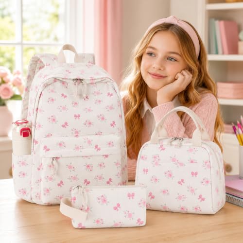 LEDAOU Backpack for Girls School Bag Kids Bookbag Teen Backpack Set Daypack with Lunch Bag and Pencil Case - color: Pink Small Flower Bow - Beige