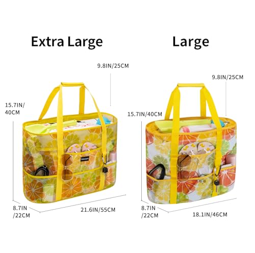 KABAQOO Mesh Beach Bag, Extra Large Beach Bags with 9 Pockets & Zipper Waterproof Lightweight Beach Tote for Beach/Pool Trip - color: Lemon, size: X-Large