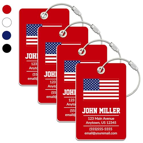 Personalized Luggage Tag with American Flag | 4 Pack | Custom Luggage Tags for Suitcases | Kids Backpack Tag | 4 Color Options & Choose Font, Font Color - color: Red, size: 4 pack - Large