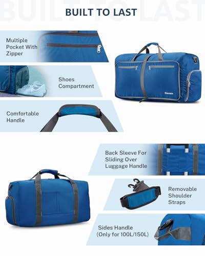 Gonex 80L Foldable Travel Duffle Bag with Shoe Compartment, Lightweight - color: Deep Blue, size: 80L
