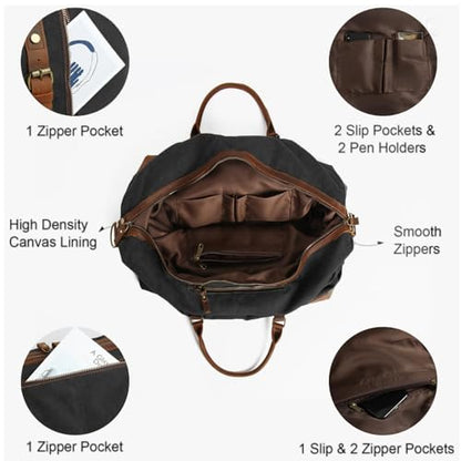 Duffle Bag for Men Travel Leather Canvas Weekender Bag Overnight Bag with Toiletry Bag (Black) - color: Black