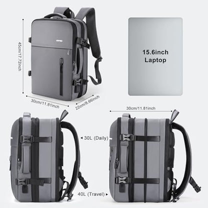 HOMIEE 40L Expandable Carry on Backpack Fit 15.6 Inch Laptop for Travel - color: Grey