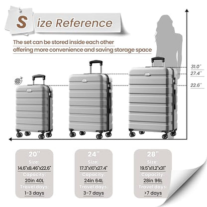 AnyZip Luggage Sets 3 Piece Hardshell Suitcase Set PC ABS Lightweight Travel Suitcases with 4 Double Spinner Wheels TSA Lock 20 24 28 Inch Silver - color: Silver, size: 3 piece set (20/24/28)