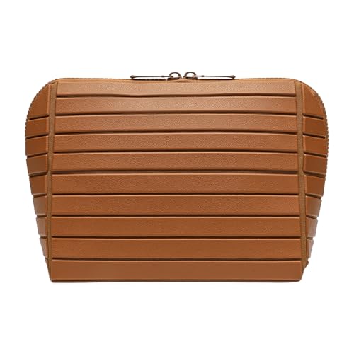 Makeup Bag, Travel Makeup Organizer Bag with Fold-Down Design and Adjustable Dividers, 27 Pockets & 3 Brush Storage Holders, Large Capacity Cosmetic Bags Toiletry Case (Brown)