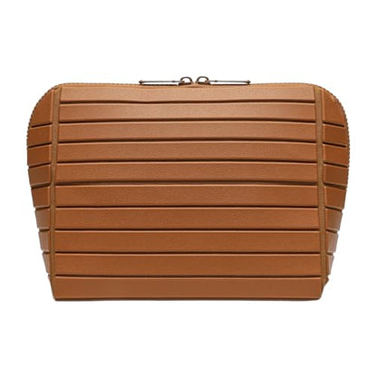 Makeup Bag, Travel Makeup Organizer Bag with Fold-Down Design and Adjustable Dividers, 27 Pockets & 3 Brush Storage Holders, Large Capacity Cosmetic Bags Toiletry Case (Brown)