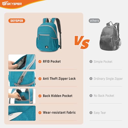 SKYSPER Anti Theft Hiking Backpack, 18L RFID Packable Travel Daypack, Lightweight Foldable Back Pack for Walking Daytrip - color: Cyan, size: Small