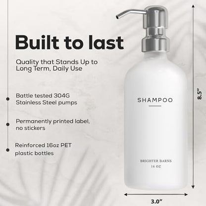 White Shampoo and Conditioner Dispenser Set by Brighter Barns - Shower Dispenser for Bathroom - Refillable Plastic Shampoo Bottle & Stainless Steel Pump - Shampoo Dispenser for Vacation Rental (White) - color: Silver
