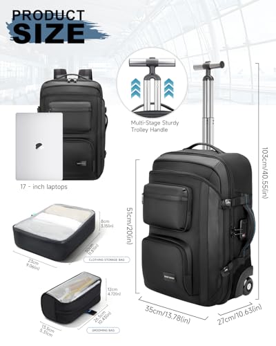 Carry on Backpack with Wheels, Rolling Backpack - color: Black-two