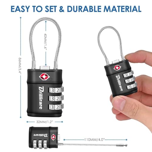 4 Pack TSA Approved Luggage Locks, Combination Travel Cable Lock, 3-Digit Waterproof Padlock, Zinc Alloy Outdoor Keyless Resettable Lock for Travel, Lockers, Bags, Backpack, Gym, Gate-by BRILLIRARE - color: 4 Pack