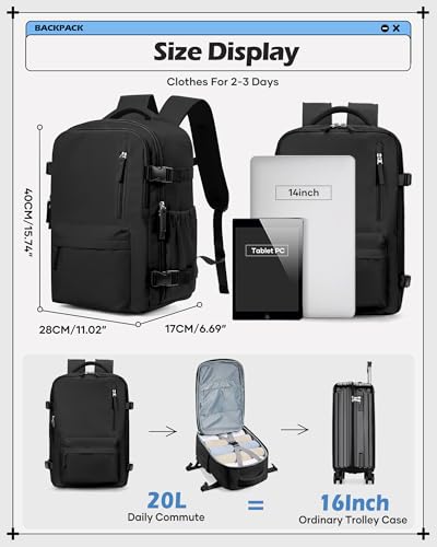 winspansy Travel Backpack for Women Men Essentials Carry on Luggage Flight Approved Personal Item Bag Work Backpack - color: Black
