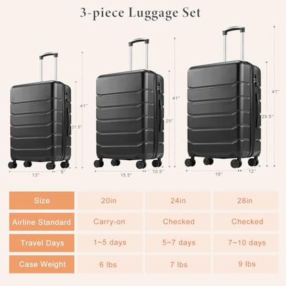 Sweetcrispy 3 Piece Luggage Set, Expandable Suitcase with Spinner Wheels - color: Black, size: 3-Piece Set (20/24/28 Inch)