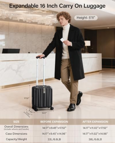 Hanke Top Opening Carry-On - Expandable 16 Inch Airline Approved Spinner - color: Jet Black, size: 16 Inch Expandable