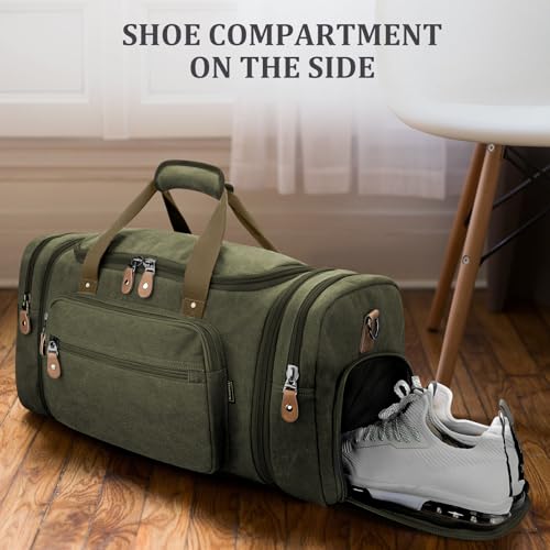Gonex Canvas Duffle Bag, Expandable 60L Travel Overnight Weekender Bag - color: Army Green, size: X-Large-60L (With Shoe Compartment)