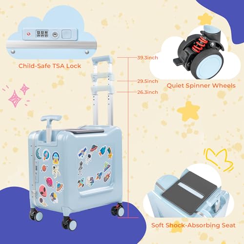 20" Ride-On Suitcase for Kids Lightweight Carry-On Luggage with Detachable Seat&Dual Telescoping Handles&360°Silent Spinner Wheels & TSA Lock - color: Blue