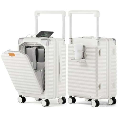 Joyway 20 Inch Carry on Luggage with Front Pocket and Cup Holder, White - color: White
