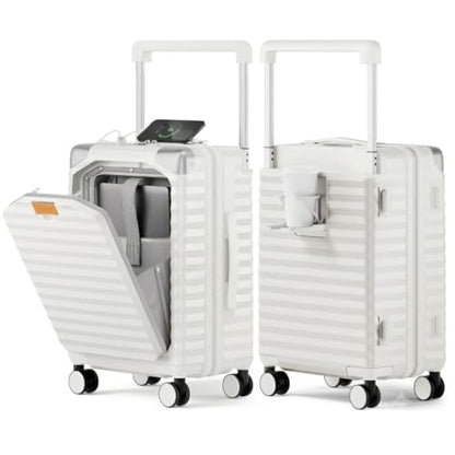 Joyway 20 Inch Carry on Luggage with Front Pocket and Cup Holder, White - color: White