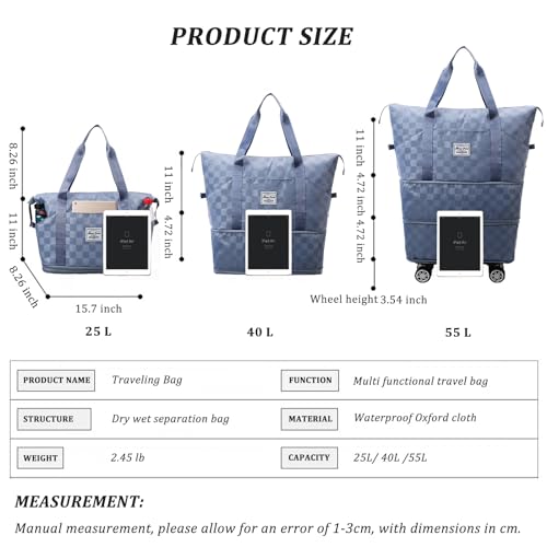Expandable Foldable Duffel Bag Suitcases,Detachable Rolling Wheels,Rolling Duffle Bag with Wheels,Suitcase with Wheel,Carry on Luggage,Gift for Men Women Lightweight Suitcases (Blue) - color: Blue