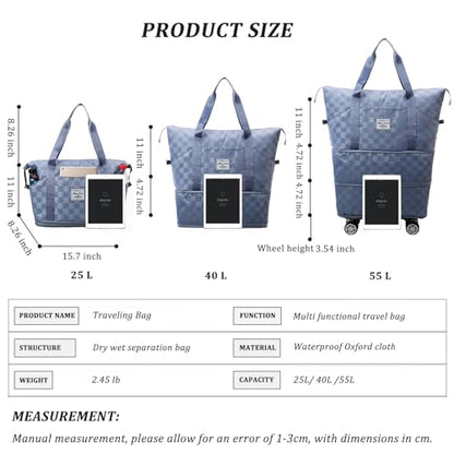 Expandable Foldable Duffel Bag Suitcases,Detachable Rolling Wheels,Rolling Duffle Bag with Wheels,Suitcase with Wheel,Carry on Luggage,Gift for Men Women Lightweight Suitcases (Blue) - color: Blue