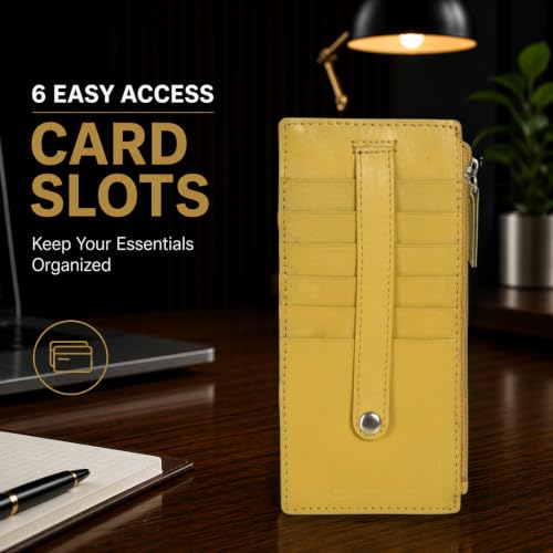 Leatherboss Genuine Leather Women's All in One Credit Business Card Case Holder Slim Zipper Wallet With a Card Protection Strap, Mustard - color: Mustard