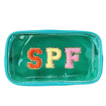Clear Makeup Letter Bag with Chenille Letter Patch and Glitter SPF for Travel - color: Turquoise-spf