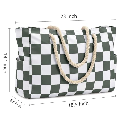 Becokan Beach Bag Large Beach Tote Bag for Women Waterproof Sandproof Swim Pool Bag With Zipper - color: Army Green Checkered