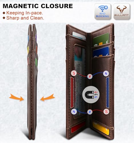 BULLIANT Slim Leather Wallet For Men 12Cards Magnetic Closure RFID Blocking - color: Forest Brown8784