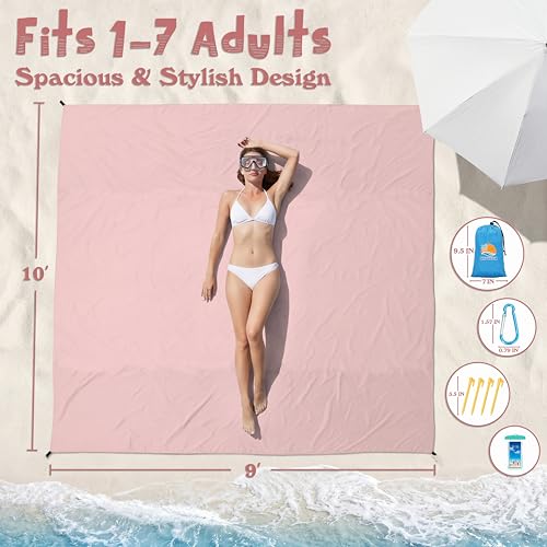 Aroveea Beach Blanket Waterproof Sandproof 78''X81''/10'X9' Oversized Mat - color: 핑크, size: 9'x10'