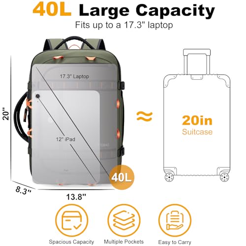 40L Travel Backpack 17.3" Laptop Carry On Duffel Flight Approved - color: Armygreen