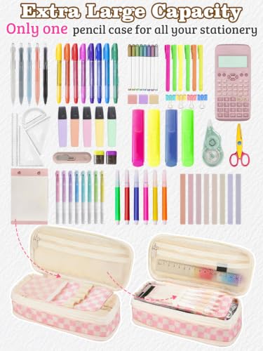 Bigmeta Gingham Expandable Pencil Case for Teens Girls - Pink - color: Pink