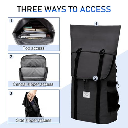 Kasqo Rolltop Backpack, 26L-33L Expandable 15.6” Laptop Backpack for Travel - color: Grey