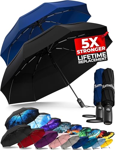 TUMELLA Strongest Windproof Travel Umbrella (Compact, 100MPH Wind-Tested), Light, Portable, One-Handed Use, Automatic Folding Rain Umbrella, Durable, Premium Grip, Fits Car & Backpack - color: Black Blue