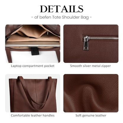 befen Genuine Leather Tote Bag for Women Work Travel Leather Purse Handbags - color: Coffee