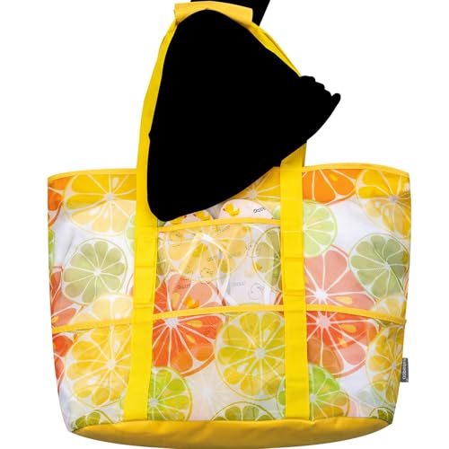 KABAQOO Mesh Beach Bag, Extra Large Beach Bags with 9 Pockets & Zipper Waterproof Lightweight Beach Tote for Beach/Pool Trip - color: Lemon, size: X-Large