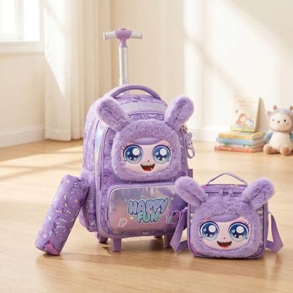Girls Rolling Backpack for Kids with Wheels,Cute 3D Kids Rolling Backpack for School,Lightweight Kids Luggage for 6-8,Large Capacity BookBag with Wheels & Telescopic Handle - color: 3d Plush Cute Purple