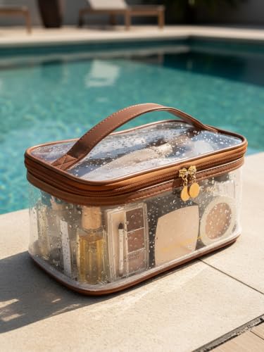 Meiyuuo Clear Travel Makeup Bag with Divider，Women Toiletry Bag Brown - color: Brown
