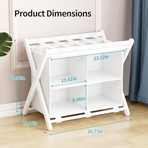 White Bamboo Luggage Rack with 4 Storage Compartments, Foldable Suitcase Stand, Luggage Rack for Guest Room, 150lbs Capacity, Sturdy - color: White 1 Pcs