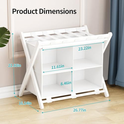 White Bamboo Luggage Rack with 4 Storage Compartments, Foldable Suitcase Stand, Luggage Rack for Guest Room, 150lbs Capacity, Sturdy - color: White 1 Pcs