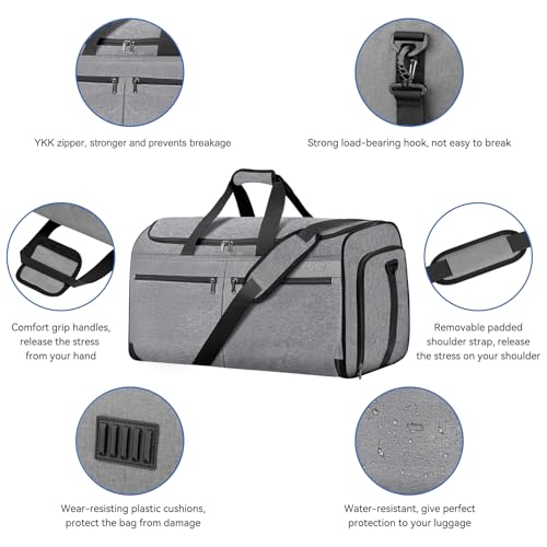 Carry on Garment Bag for Travel, Bukere Convertible Travel Duffel Suit with Shoe Compartment, Detachable Shoulder Strap, 2 in 1 Weekender Men Women - color: Grey