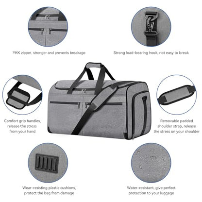 Carry on Garment Bag for Travel, Bukere Convertible Travel Duffel Suit with Shoe Compartment, Detachable Shoulder Strap, 2 in 1 Weekender Men Women - color: Grey