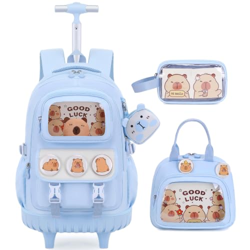 Capybara Rolling Backpack for Girls with Lunch Box & Pencil Case - color: Blue