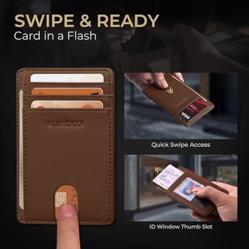 RUNBOX Slim Wallet for Men and Women, RFID Blocking Leather Card Holder - color: Classic Brown