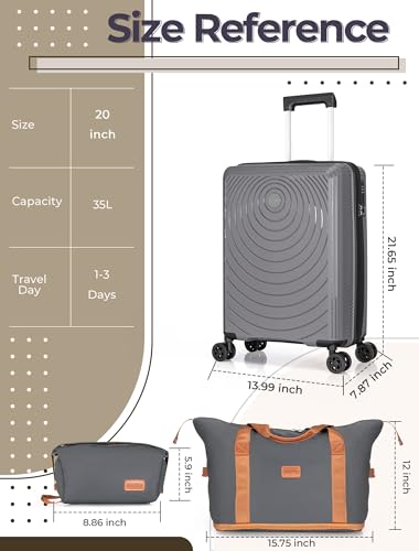 CONCEPTEN Luggage Sets 3 Piece, PP Hardshell Suitcases Set with Wheels - color: Grey, size: 3 Piece Sets (21/Db/Tb)