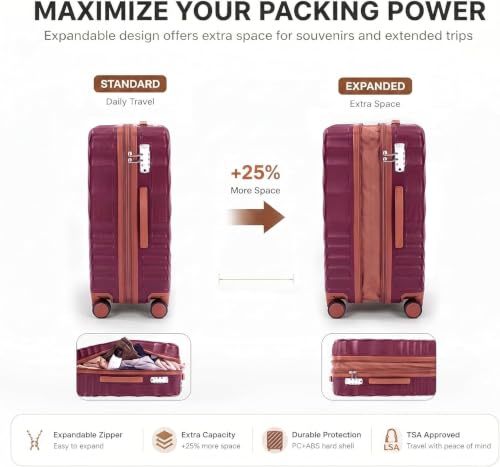 Rosamo 3-Piece Hard Shell Expandable Luggage Set, Airline Approved Carry-On - color: Red