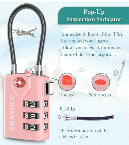 TRAVOCE TSA Approved Luggage Locks, Combination Cable Locks, 2 Pack, Pink - color: Pink 2 Pack