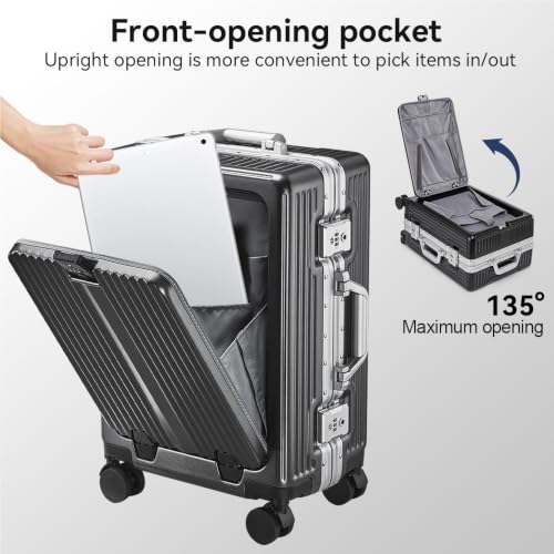 Aluminum Frame Carry On Luggage with Front Pocket, Graphite - color: Graphite, size: 20 Inch
