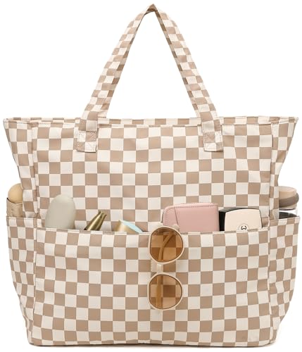 LEDAOU Large Beach Bag for Women, Waterproof Sandproof Tote Bag with Zipper - color: Brown