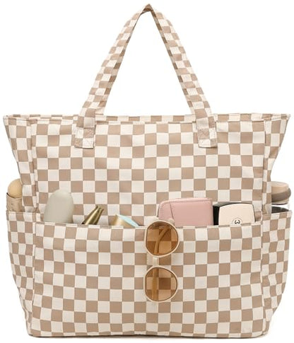 LEDAOU Large Beach Bag for Women, Waterproof Sandproof Tote Bag with Zipper - color: Brown